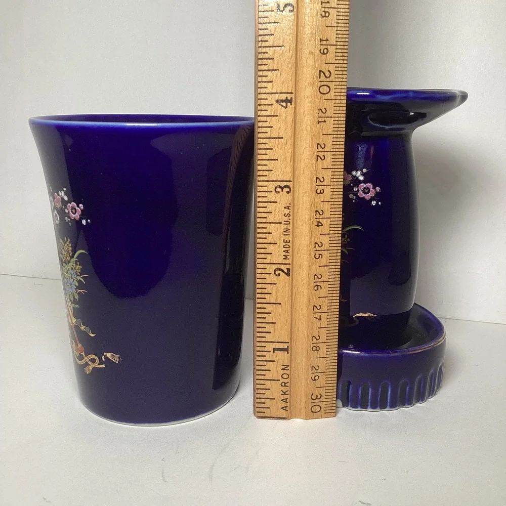 Vintage Cobalt Blue Japanese Porcelain Vanity Set Rickshaw Floral Tumbler Holder